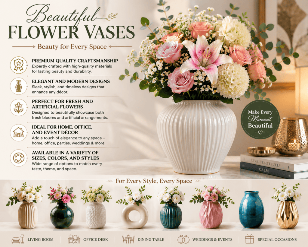 Beautiful ceramic flower vases with floral arrangements for living room, office, dining table, and wedding décor.